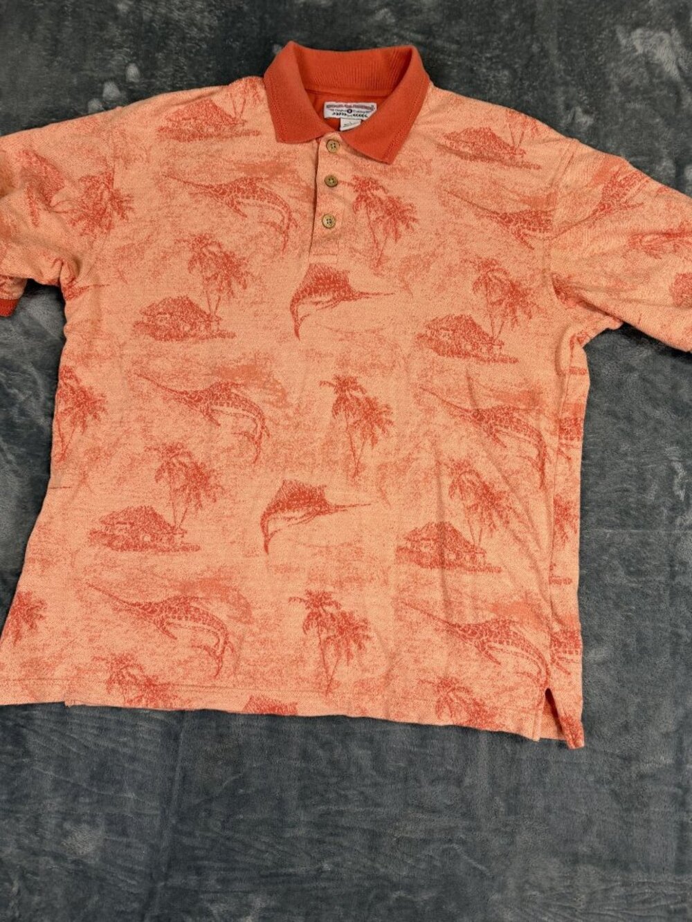 Boca Classics Mens Coral Tropical Marlin Print Short Sleeve Polo Shirt Size L